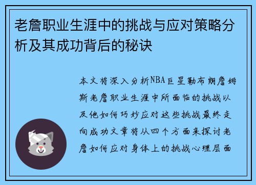 老詹职业生涯中的挑战与应对策略分析及其成功背后的秘诀