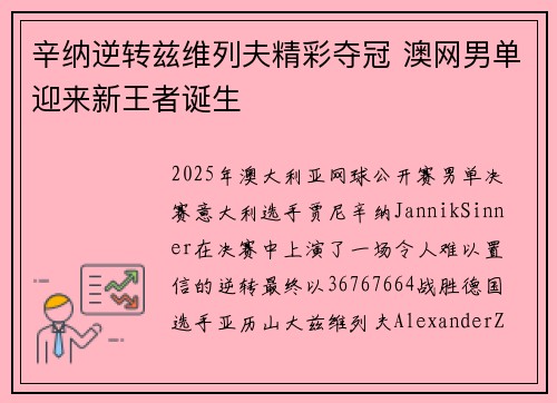 辛纳逆转兹维列夫精彩夺冠 澳网男单迎来新王者诞生